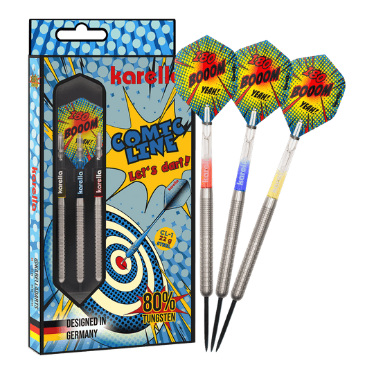 Ocelové šipky Karella Comic Line CL-1 - 22g Das Bild zeigt den Karella Comic Line CL-1 Steeldarts - 22g. Es veranschaulicht die vollständige Ansicht des Steeldartpfeils.