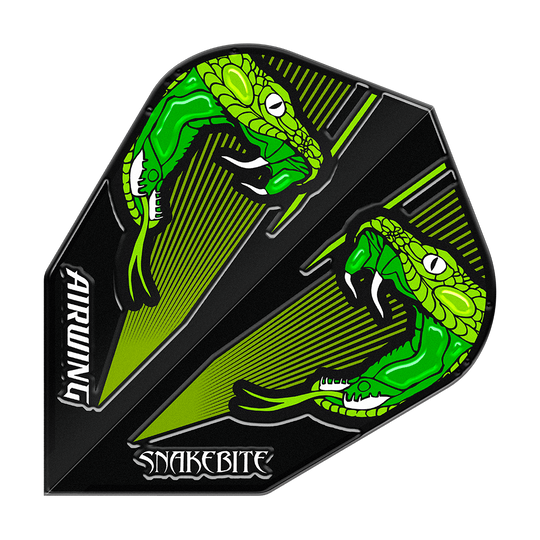 Red Dragon Airwing Peter Wright Green V-Standard lety Das Bild zeigt einen Dartflight mit zwei grünen Schlangen auf schwarzem Hintergrund. Die Wörter "AIRWING" und "SNAKEBITE" sind auf dem Flight zu sehen.