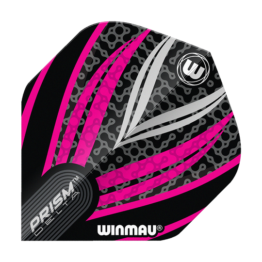 Das Bild zeigt ein Winmau Prism Delta Dart Flight in den Farben Schwarz, Weiß und Pink. Das Flight hat ein modernes Muster mit Linien und dem Winmau-Logo darauf.