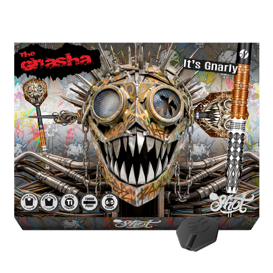Ocelové šipky Shot Gnarly Gnasha Turbo Point - 23g Zu sehen ist ein weiterer Blickwinkel auf die Shot Gnarly Gnasha Turbo Point Steeldarts mit 23g. Die Darts bieten einen guten Halt und eine optimale Balance.
