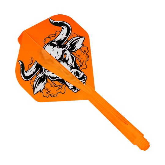 Condor Axe Aussie Bull Orange Flight System Standard Auf dem Bild ist ein orangefarbenes Dartflight-System mit einem auffälligen Bullen-Design zu sehen. Das Produkt heißt "Condor Axe Aussie Bull Orange Flight-System Standard".