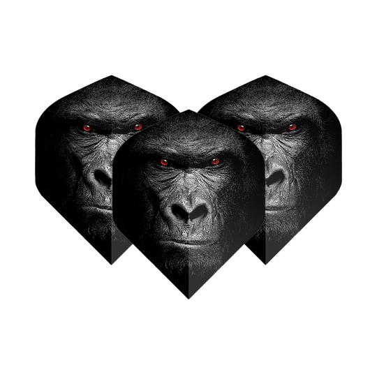 Lety v pětiboji Gorilla Das Bild zeigt drei Dart-Flights mit dem Gesicht eines Gorillas und leuchtend roten Augen. Die Flights sind das Produkt "Pentathlon Gorilla No2 Standard Flights".