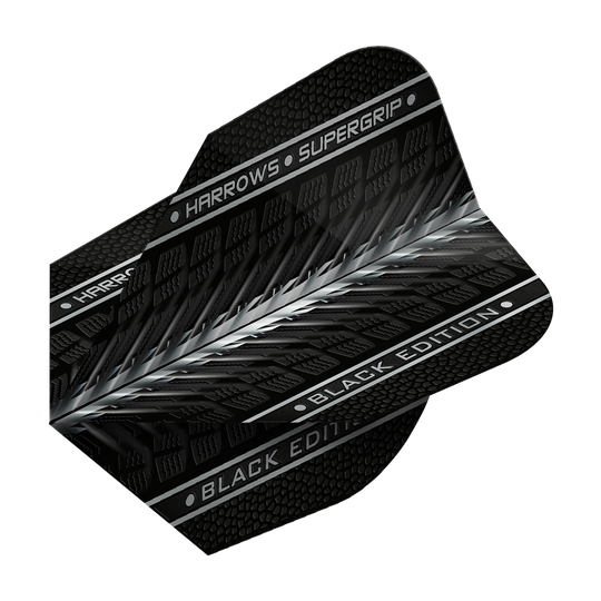 Letky Harrows Supergrip Black Edition č. 6 Das Bild zeigt das Produkt "Harrows Supergrip Black-Edition No6 Flights" in schwarzem Design. Auf dem Flight sind die Schriftzüge "HARROWS • SUPERGRIP" und "BLACK EDITION" zu sehen.