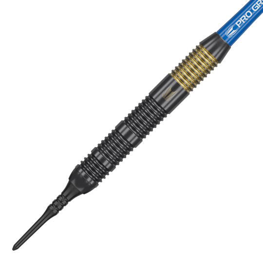 Šipky Target Josh Rock Brass měkké - 18g Das Bild zeigt einen Target Josh Rock Brass Softdart mit einem Gewicht von 18 Gramm. Der Dart hat einen schwarz-goldenen, gerillten Griff und eine blaue Flight-Halterung.