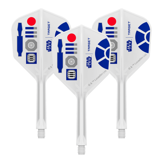 Abgebildet ist ein Produkt mit dem Dateinamen 410511_Target_StarWars_KFlex_R2D2_No6_Flights_Intermediate_26mm_1Set. Es könnte sich um ein Set von Dart-Flights mit Star Wars Motiv handeln.