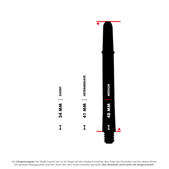 Target Pro Grip Shafts - 3 sady - červená modrá bílá Das Bild zeigt drei verschiedene Längen von Dartshafts: 34 mm (Short), 41 mm (Intermediate) und 48 mm (Medium). Die genauen Bezugspunkte für die Längenangabe sind mit roten Linien markiert, das Gewinde wird nicht mitgerechnet.