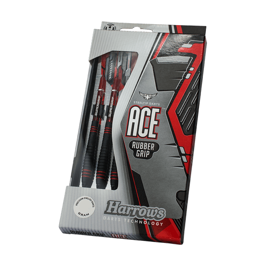 HA13722_Harrows_ACE_Rubber_Grip_Softdarts_3 Das Bild zeigt eine Packung Harrows ACE Rubber Grip Softdarts. Die Verpackung ist überwiegend grau und rot gestaltet und zeigt die Darts mit schwarzem Griff durch ein Sichtfenster.