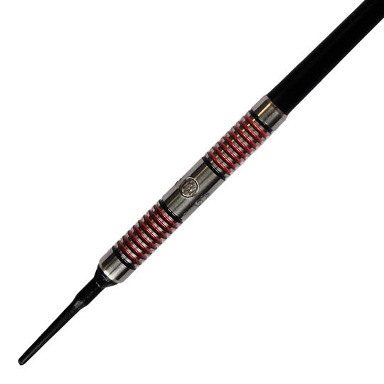 Das Bild zeigt einen McKicks Alam Glazier Softdart mit einem Gewicht von 16g. Der Dart hat ein silbernes Griffstück mit roten Ringen und einer schwarzen Spitze.