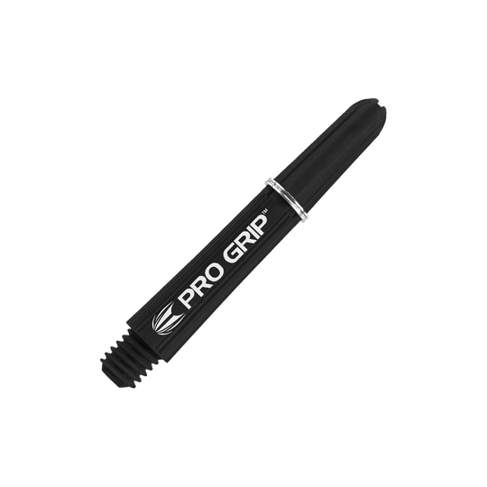 Target Pro Grip Shafts - 3 sady - Black Das Bild zeigt einen schwarzen Pro Grip Schaft für Dartpfeile mit weißer Schrift. Der Schaft ist 34 mm lang und hat einen silbernen Ring.