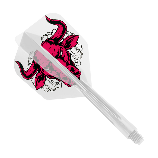 Condor Axe Aussie Bull Clear Flight System Small Das Bild zeigt einen klaren Dart-Flight mit einem roten Stierkopf-Design. Es handelt sich um das Produkt „Condor Axe Aussie Bull Clear Flight-System Small“.