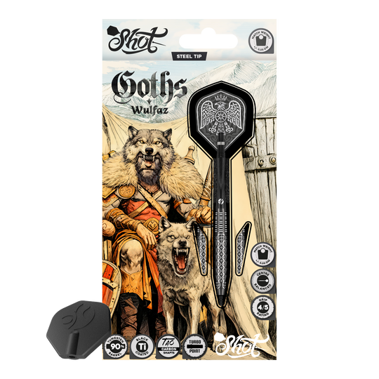 Ocelové šipky Shot Goths Wulfaz Turbo Point - 23g Das Bild zeigt die Shot Goths Wulfaz Turbo Point Steeldarts mit 23 Gramm. Diese Pfeile sind für das Steeldartspiel konzipiert.