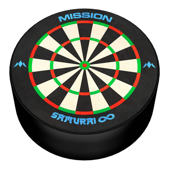Das Bild zeigt eine Mini-Dartscheibe mit dem Namen "Mission Samurai Infinity". Die Scheibe ist rund und hat farbige Markierungen sowie den Schriftzug "MISSION SAMURAI ∞" darauf.