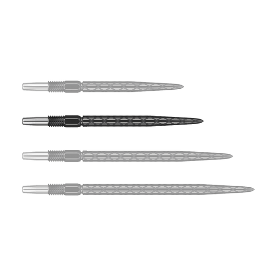 Zaměřte hroty šipek Swiss Diamond Pro Black Points Das Bild zeigt vier schwarze Dartspitzen mit silbernem Gewinde, die nebeneinander liegen. Die Spitzen haben eine rautenförmige Struktur entlang des Schafts.