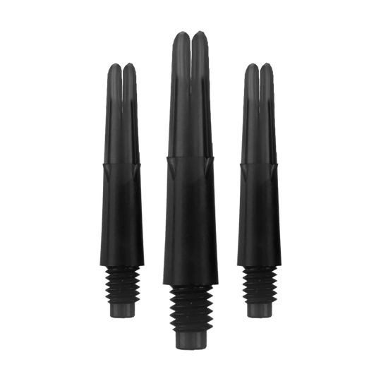L-L-Style-Shafts Uzamčené rovné - Černé Das Bild zeigt drei schwarze, gerade Dartschäfte ohne Kappen. Sie sind nebeneinander auf einem neutralen Hintergrund angeordnet.