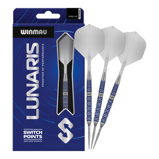 Winmau Lunaris Parallel Switch Point Steeldarts Zu sehen sind die Winmau Lunaris Parallel Switch Point Steeldarts in voller Länge. Das Produkt wird frontal gezeigt.