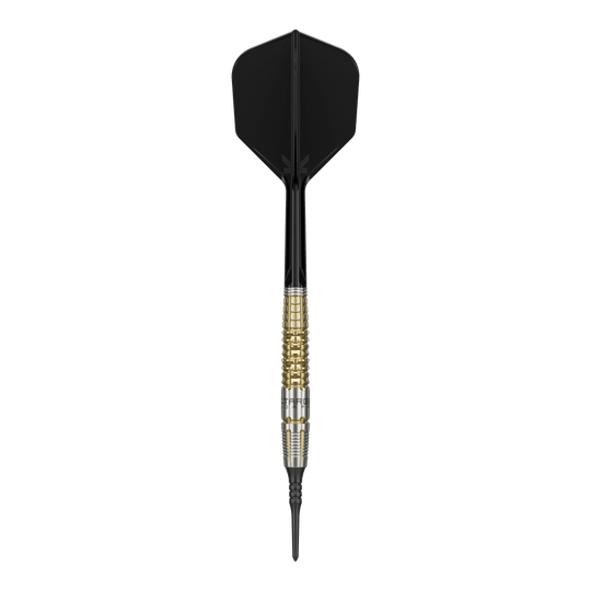 Měkké šipky Target Japan Black Marque Warrior - 18,5 g Das Bild zeigt einen Target Japan Black Marque Warrior Softdart mit einem Gewicht von 18,5g. Der Dart hat eine schwarze Spitze und Flügel sowie einen gold-silbernen Griffbereich.