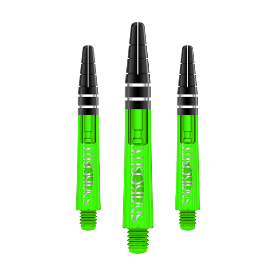 C644_Red_Dragon_Nitrotech_Peter_Wright_Green_Shafts_36mm_1 Das Bild zeigt drei grüne Dartschäfte der Marke Red Dragon Nitrotech Peter Wright. Auf den Schäften steht in weißer Schrift das Wort "Snakebite".