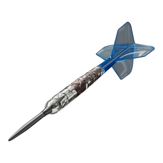 Auf dem Bild sind die Target Star Wars Mandalorian 95 Swiss Point Steeldarts zu sehen. Das Produkt verbindet Qualität mit einem einzigartigen Mandalorian-Look.