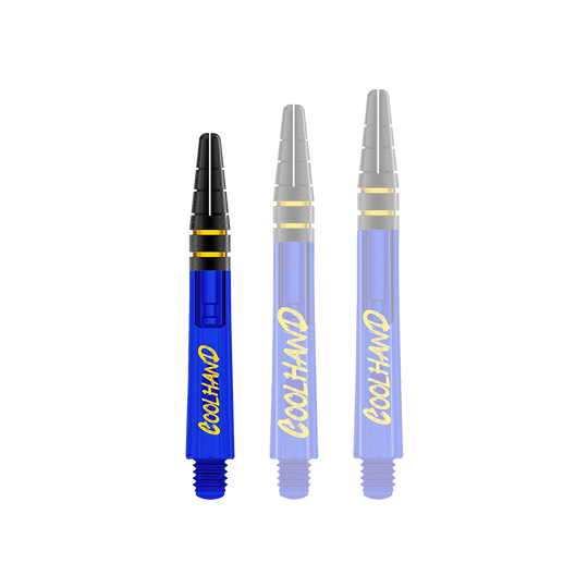 Red Dragon Nitrotech Luke Humphries Coolhand šachty - modré Auf dem Bild sind drei blaue Dartschäfte mit gelbem Schriftzug "COOLHAND" zu sehen. Oben haben sie schwarze Rillen mit goldenen Ringen.