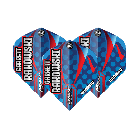 Standardní lety Winmau Prism Delta Garrett Rakowski Das Bild zeigt die Winmau Prism Delta Garrett Rakowski Standard Flights. Die Flights sind blau mit roten und hellblauen Akzenten sowie dem Namen "Garrett Rakowski" darauf.