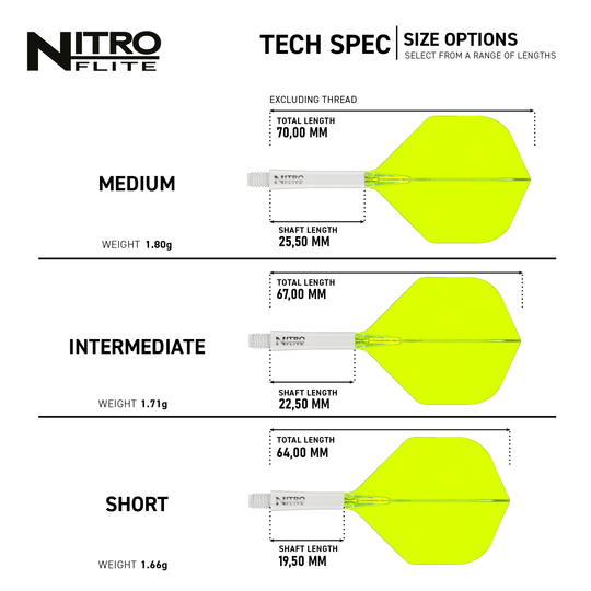 Red Dragon Nitroplite - Bílá šachta Žlutá č. 2 letky Das Bild zeigt die Produktvarianten "Red Dragon Nitroflite - White Shaft Yellow No2 Flights" in drei verschiedenen Längen: Medium, Intermediate und Short. Für jede Variante sind die Gesamtlänge, die Schaftlänge und das Gewicht angegeben.