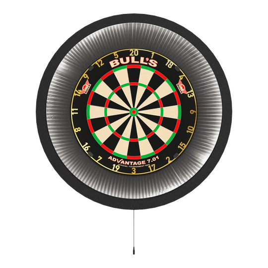 Auf dem Bild ist ein Dartboard mit einer umlaufenden LED-Beleuchtung zu sehen. Das Produkt nennt sich "Bulls NL Lumo XL Surround Beleuchtungssystem".