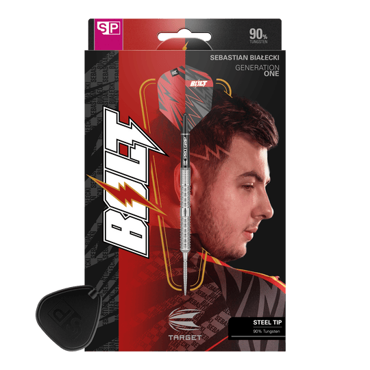 Šipky Target Sebastian Bialecki GEN1 Swiss Point Steeldarts - 22g Das Bild zeigt die Verpackung der "Target Sebastian Bialecki GEN1 Swiss Point Steeldarts - 22g". Auf der Verpackung ist ein Dartpfeil sowie das Porträt eines Mannes zu sehen.