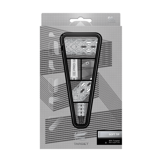 210134_Target_Nastri_10_Softdarts_3 Das Bild zeigt die Target Nastri 10 Softdarts in ihrer Verpackung. Die Darts haben ein modernes, silbernes Design und sind für elektronische Dartboards geeignet.