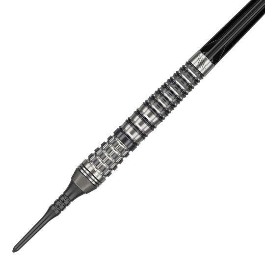 Das Bild zeigt einen Target Japan Black Marque Renegade 4 Softdart mit 19g Gewicht. Der Dart hat ein silber-schwarzes, gerilltes Design und eine schwarze Softspitze.