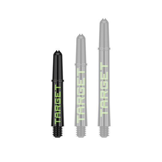 Target Pro Grip TAG Shafts - 3 sady - černo-zelené Das Bild zeigt drei schwarze Dart-Schäfte in verschiedenen Längen mit grünem Schriftzug "TARGET". Sie sind nebeneinander auf weißem Hintergrund angeordnet.