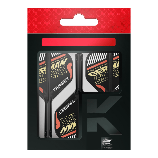 Auf dem Bild ist eine Verpackung mit Dart-Flights und Schäften der Marke Target zu sehen. Auf den Flights steht in gelber Schrift "GERMAN GIANT".