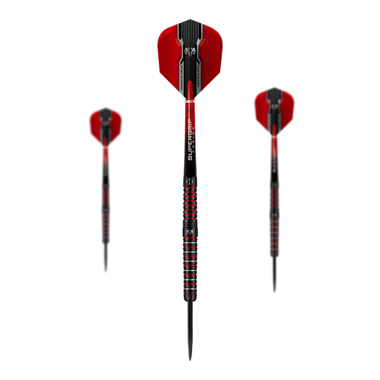 Harrows Tungsten Infinity 97% Tungsten Steel Šipky Das Bild zeigt drei Harrows Wolfram Infinity 97% Tungsten Steeldarts mit roten und schwarzen Details. Die Darts haben einen metallisch gestreiften Griff und rote Flights.