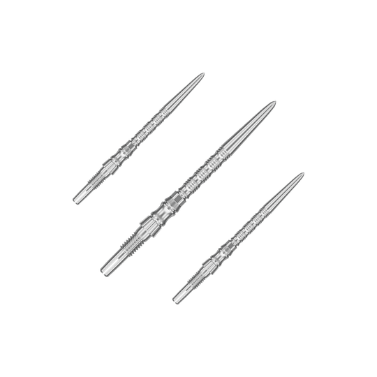 Mehrere silberne Dartspitzen sind nebeneinander zu sehen. Es handelt sich um ein Set der 'Target SwissPoint Signature TRB' Dartspitzen mit 30 mm Länge.