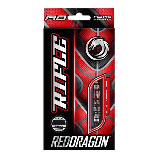 Měkké šipky Red Dragon Rifle - 20g Die Abbildung zeigt die Verpackung der "Red Dragon Rifle Softdarts - 20g". Das Design ist auffällig in Rot und Schwarz gehalten und zeigt eine Abbildung eines Dartpfeils.