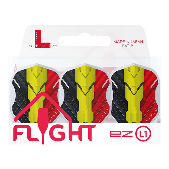 Letky L-Style V Series V1 Type C Belgium Clear White L1EZ Das Bild zeigt eine Packung mit drei L-Style V-Series V1 Type C Belgium Clear White L1EZ Flights. Die Flights sind in den Farben Schwarz, Gelb und Rot gestaltet und werden in einer Verpackung mit der Aufschrift "Made in Japan" präsentiert.
