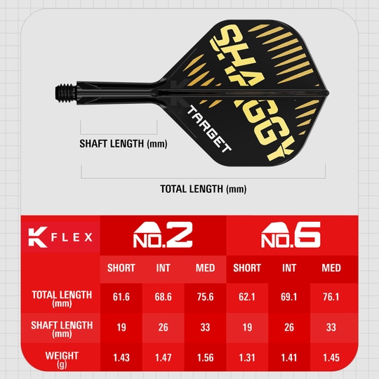 Systém standardních letových hřídelí Target K-Flex Scott Williams No2 Das Bild zeigt das Produkt "Target K-Flex Scott Williams No2 Standard Flights" mit einem schwarzen und goldenen Design. Unten sind die Maße für verschiedene Längen und Gewichte der Flights in einer Tabelle dargestellt.