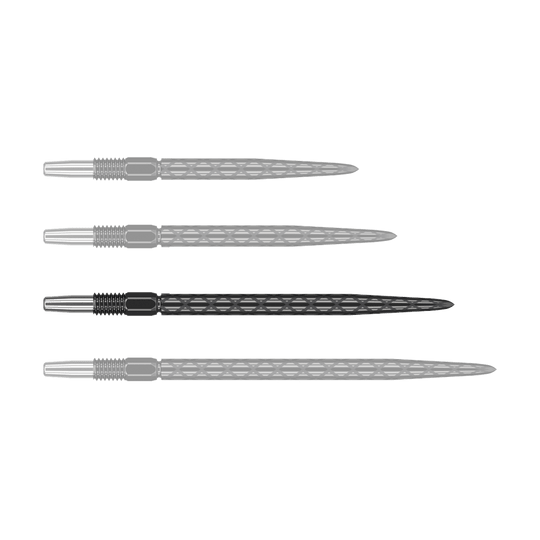 Zaměřte hroty šipek Swiss Diamond Pro Black Points Das Bild zeigt vier schwarze Dartspitzen mit einem rautenförmigen Muster. Sie sind nebeneinander auf weißem Hintergrund angeordnet.