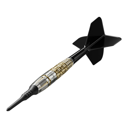 Dies ist der Target Japan Black Marque Warrior Softdart mit einem Gewicht von 18,5 Gramm. Er besitzt ein elegantes Design mit goldenen und silbernen Akzenten sowie schwarzen Flights.