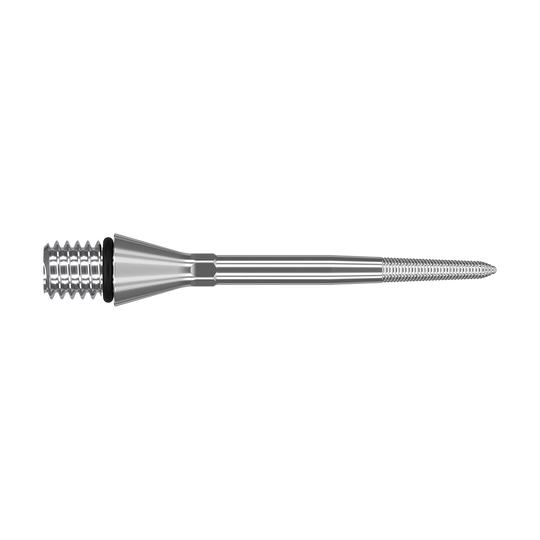 380169_Target_Titanium_Swiss_Point_Nano_Conversion_Points_Silber_30mm_2 Das Bild zeigt eine silberne, metallische Dartspitze mit Gewinde. Die Spitze ist schlank und hat eine glatte, glänzende Oberfläche.