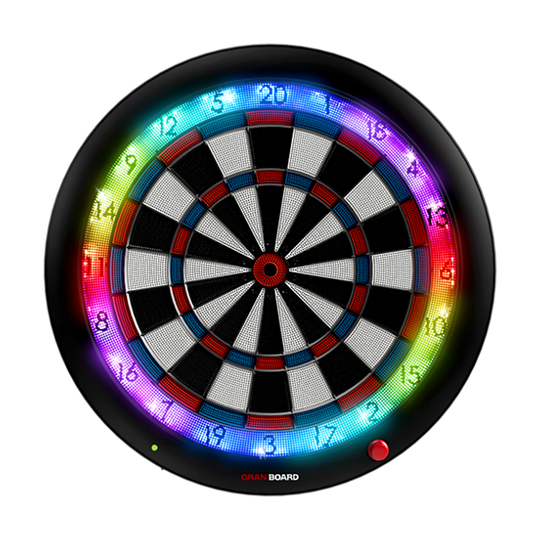 G01260_GranBoard_3S_Blue_LED_Elektronisches_Dartboard_1 Das Bild zeigt das elektronische Dartboard „GranBoard 3S LED“ mit einem leuchtenden LED-Ring. Die Zahlen und Segmente sind deutlich sichtbar und farbenfroh beleuchtet.
