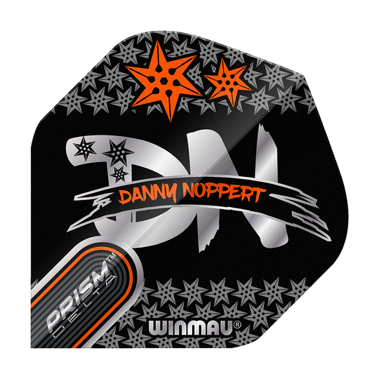 Letky Winmau Prism Delta Danny Noppert Black Signature No2 Standard Das Bild zeigt ein Dart-Flight mit dem Namen "Winmau Prism Delta Danny Noppert Black Signature No2 Standard Flights". Auf dem schwarzen Flight sind silberne und orangefarbene Sterne sowie der Name von Danny Noppert in orange geschrieben.