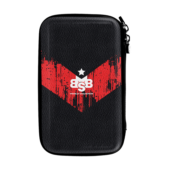 Dies ist das Shot Michael Smith World Champion Tactical Dartcase - Victory. Das Etui ist schwarz mit einem roten, v-förmigen Muster und einem weißen Logo in der Mitte.