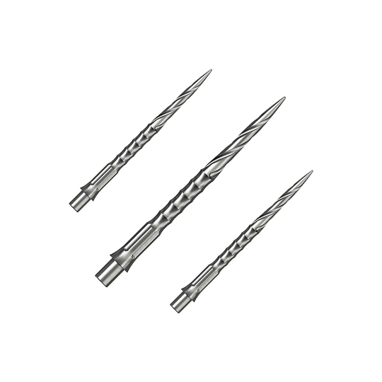Ocelové hroty na šipky Caliburn System - Spiro - NoLip - stříbrné Das Bild zeigt ein Set aus silbernen Steeldartspitzen. Diese Spitzen sind 32 mm lang und haben ein Spiro NoLip Design.