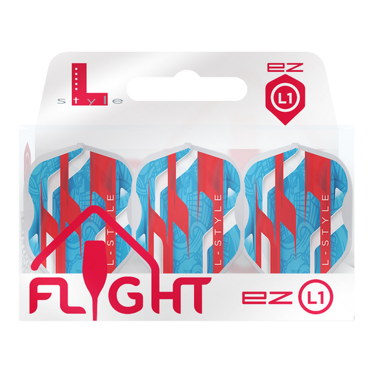Auf dem Bild ist eine Verpackung mit drei blauen Dart-Flights mit roten und weißen Akzenten zu sehen. Die Marke "L-Style" und das Modell "EZ L1" sind auf der Verpackung deutlich erkennbar.