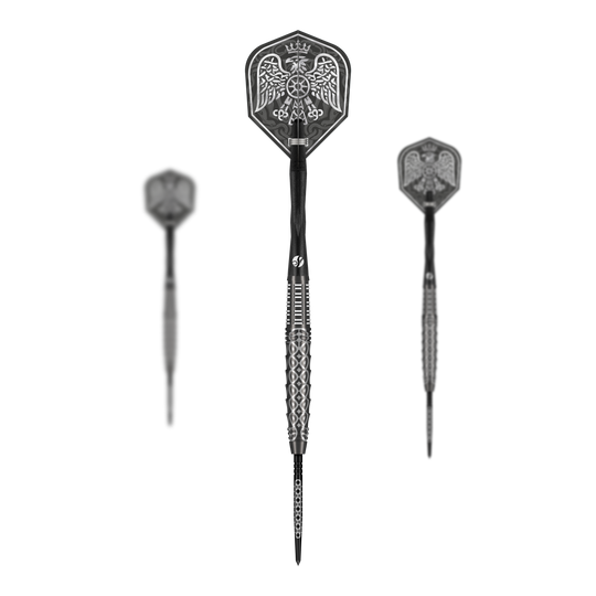 Ocelové šipky Shot Goths Wulfaz Turbo Point - 23g Das Bild zeigt das Shot Goths Wulfaz Turbo Point Steeldarts - 23g Set. Alle Teile des Dart Sets sind deutlich zu erkennen.