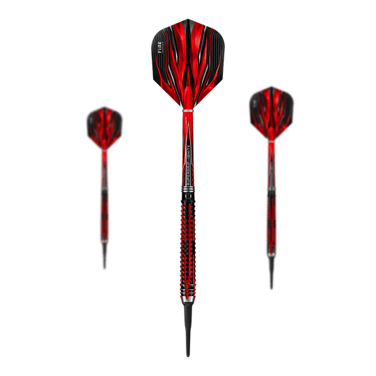 Měkké šipky Harrows Fire Inferno Das Bild zeigt drei Harrows Fire Inferno Softdarts mit auffälligem rot-schwarzem Design. Die Darts haben spitze Kunststoffspitzen und strukturierte Griffe.