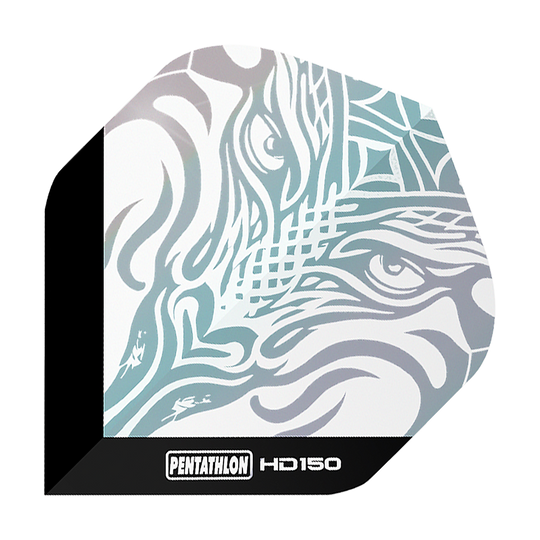 Pentathlon HD150 Metalicky čiré standardní letky Das Bild zeigt das Produkt "Pentathlon HD150 Metallic Clear Standard Flights". Auf dem Flight ist ein stilisiertes, metallisch schimmerndes Muster zu sehen, das an ein Tiergesicht erinnert.