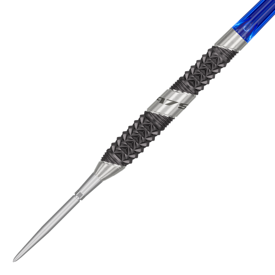 Šipky Target 975 Ultra Marine 02 Swiss Point ocelové Das Bild zeigt einen Target 975 Ultra Marine 02 Swiss Point Steeldart. Der Dart hat eine silberne Spitze, einen schwarzen, strukturierten Griffbereich und einen blauen Schaft.