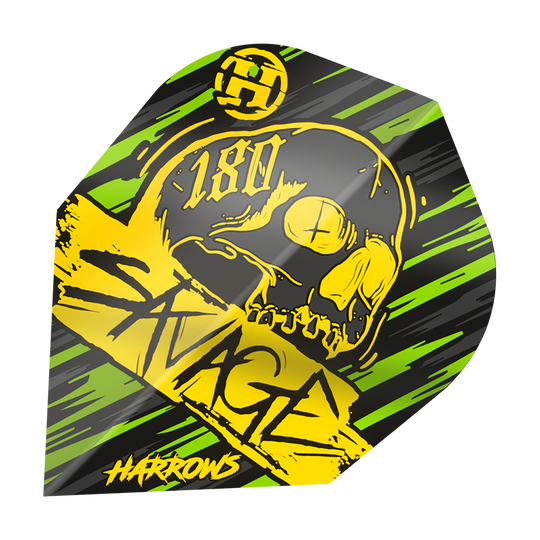 Das Bild zeigt das Produkt "Harrows Savage Yellow Green No6 Flights". Das Design enthält ein gelbes Totenkopf-Motiv mit dem Schriftzug "SAVAGE" auf einem gelb-grün-schwarzen Hintergrund.