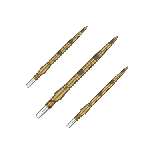 Špičky na šipky Target Swiss Storm Onyx Point - zlaté Das Bild zeigt drei goldfarbene Dartspitzen mit einem strukturierten Muster. Am unteren Ende haben sie ein silbernes Schraubgewinde zur Befestigung.